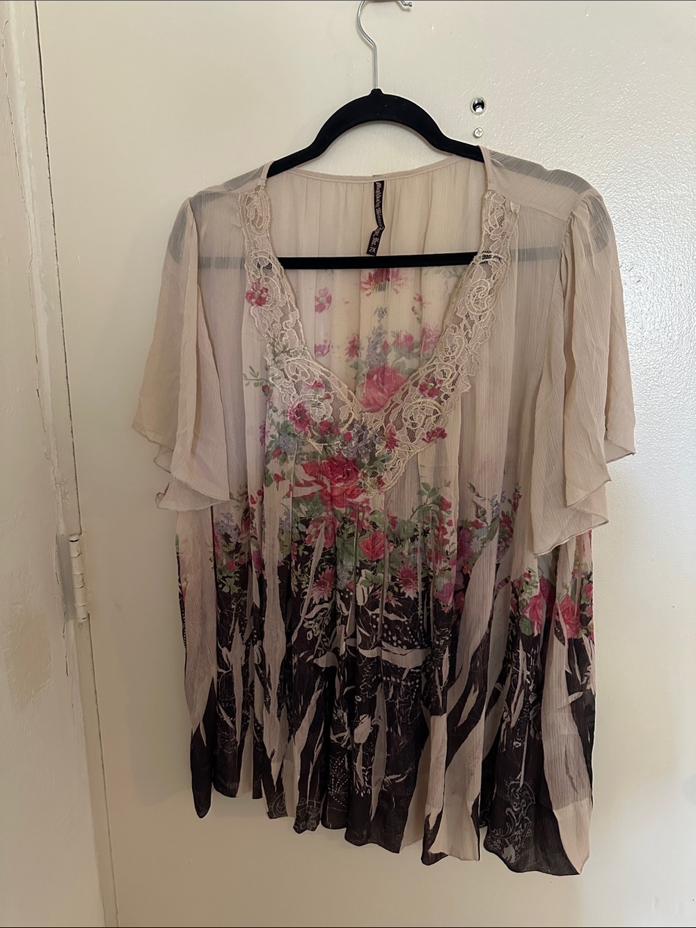 Mushkaby by Sienna Rose Pink Brown Floral Sheer Lace  Top 2X TG148W